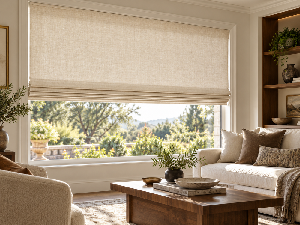 Flat fold Roman shade positioned at a framed window