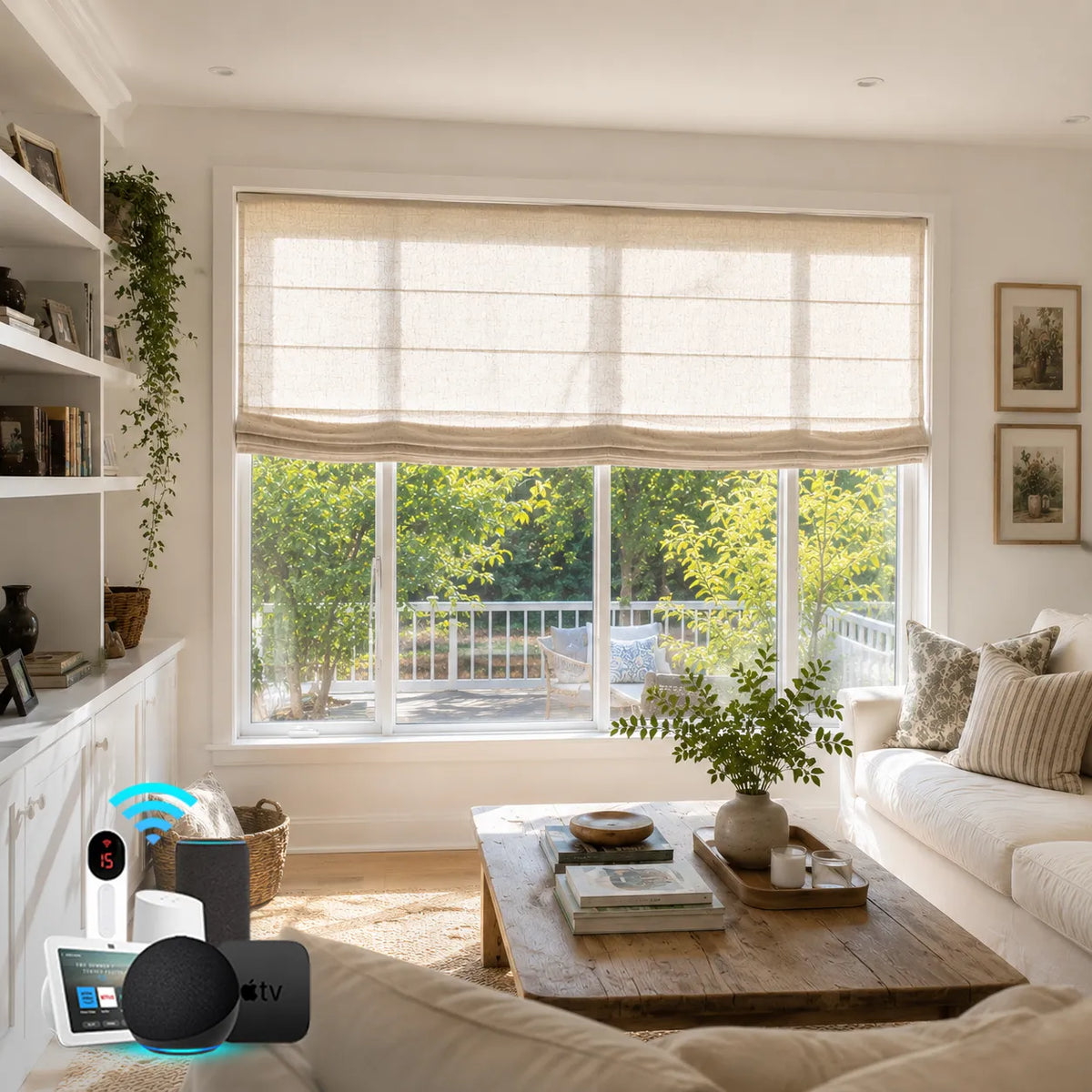 Linen Roman shade in a warm neutral living room