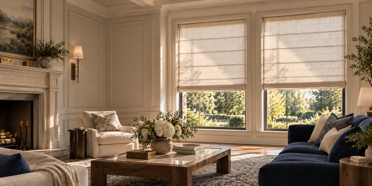 Estores romanos de color marfil en un elegante salón americano con paredes paneladas, chimenea de piedra y sofás azul marino