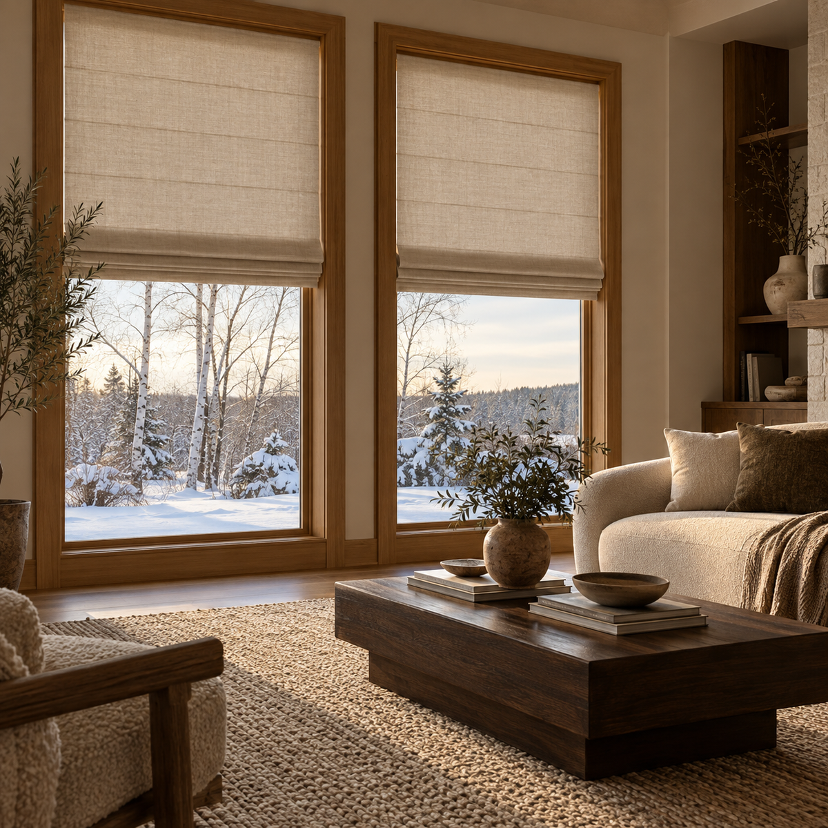 Roman shades in a refined interior with warm natural light