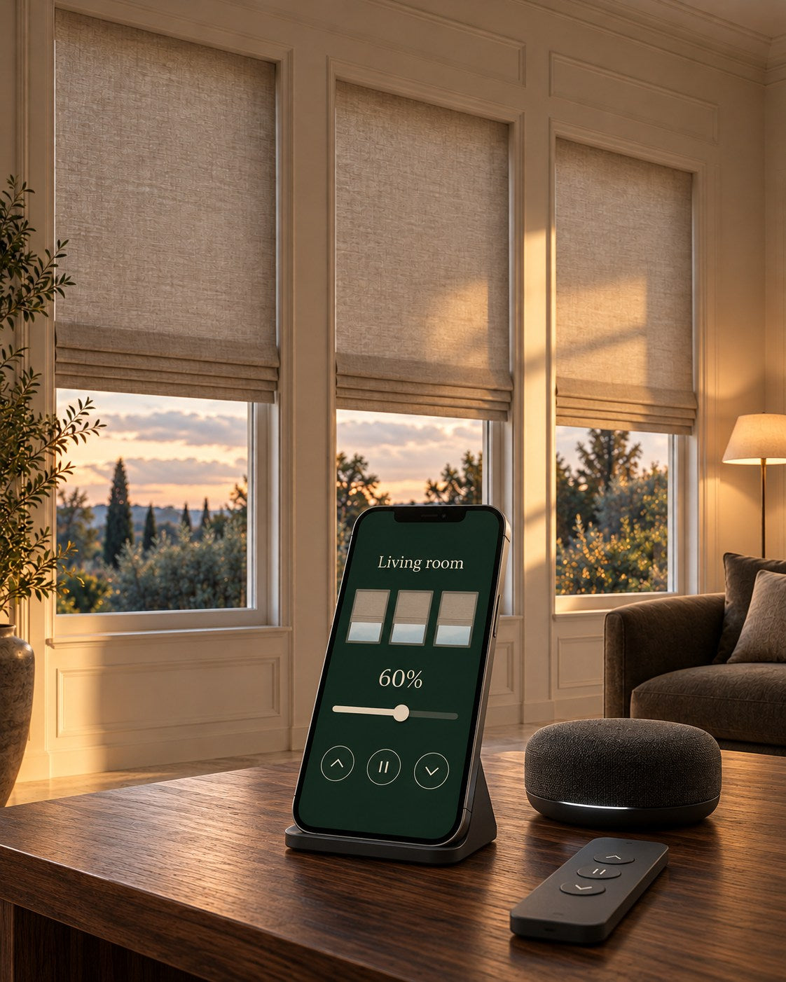 Illustrative smart-home interior with Roman shades, a conceptual phone control screen, smart speaker and remote