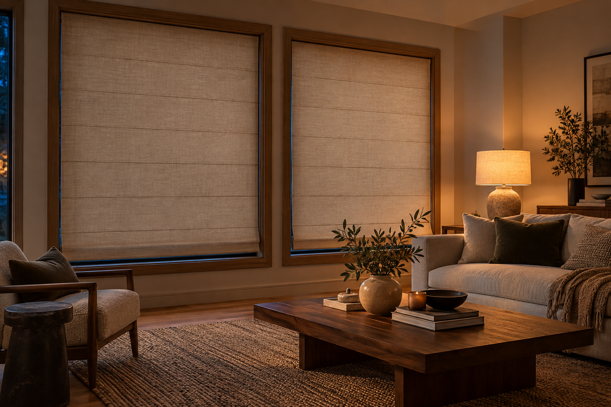 Roman shades in a warmly lit living room at evening