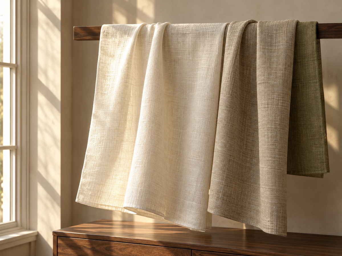 Warm side light across woven fabric lengths on a walnut display rail in a calm textile studio