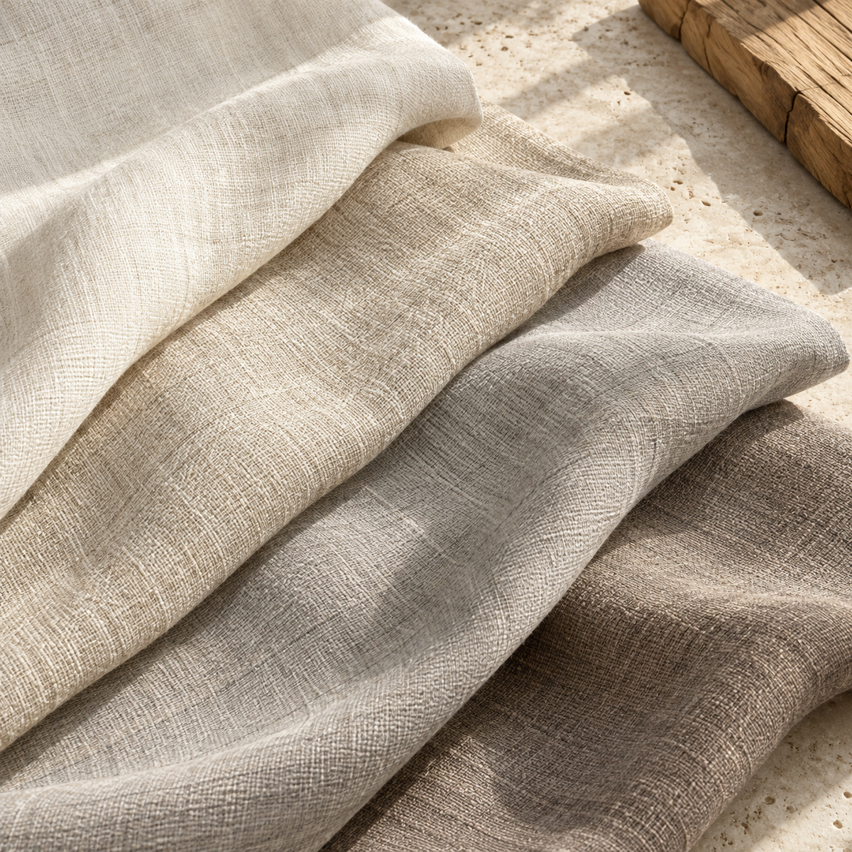 Neutral woven fabric palette study in ivory, oatmeal, pebble and taupe