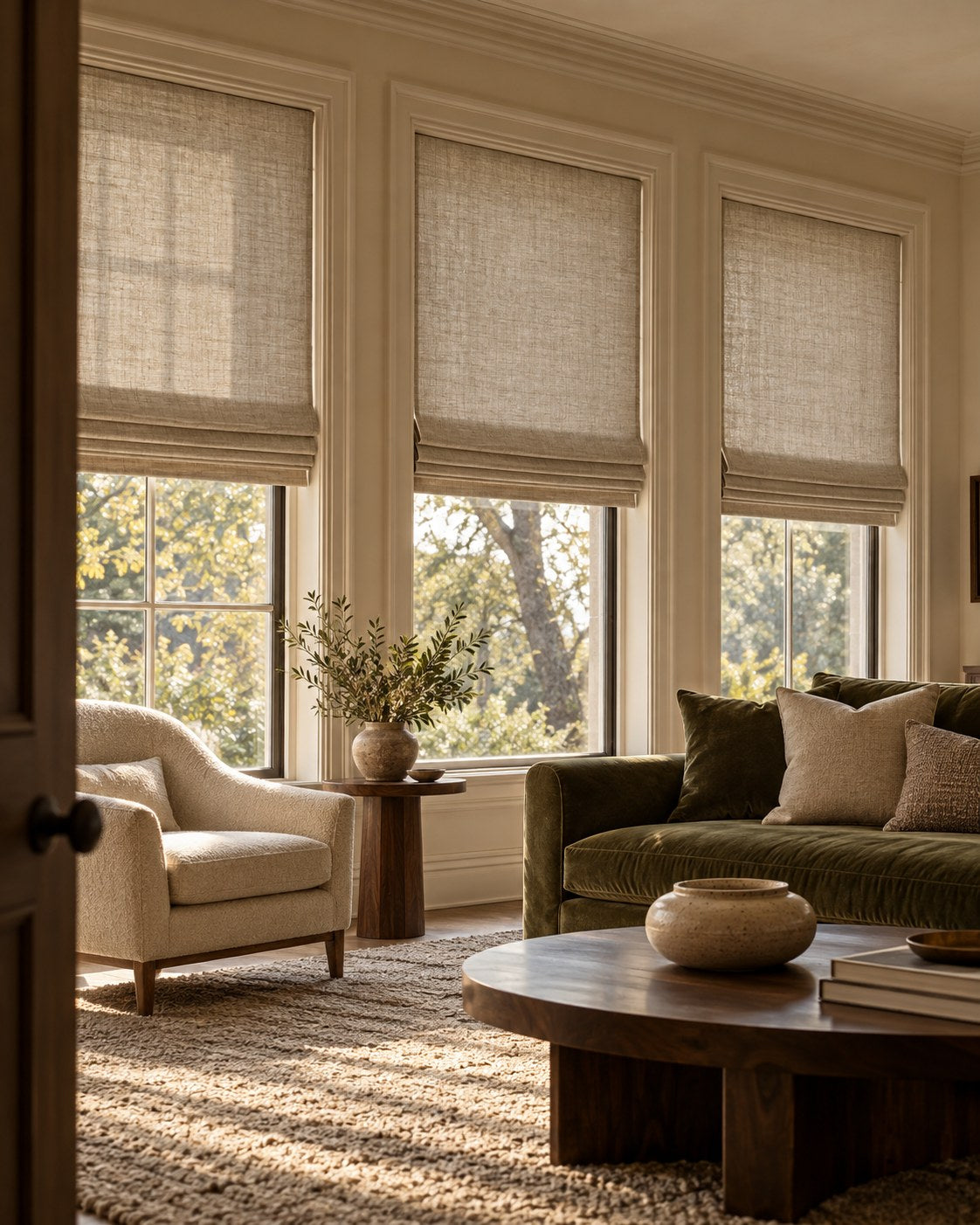 Generated design inspiration of a suite sitting room with three oatmeal Roman shades, olive seating and warm afternoon light
