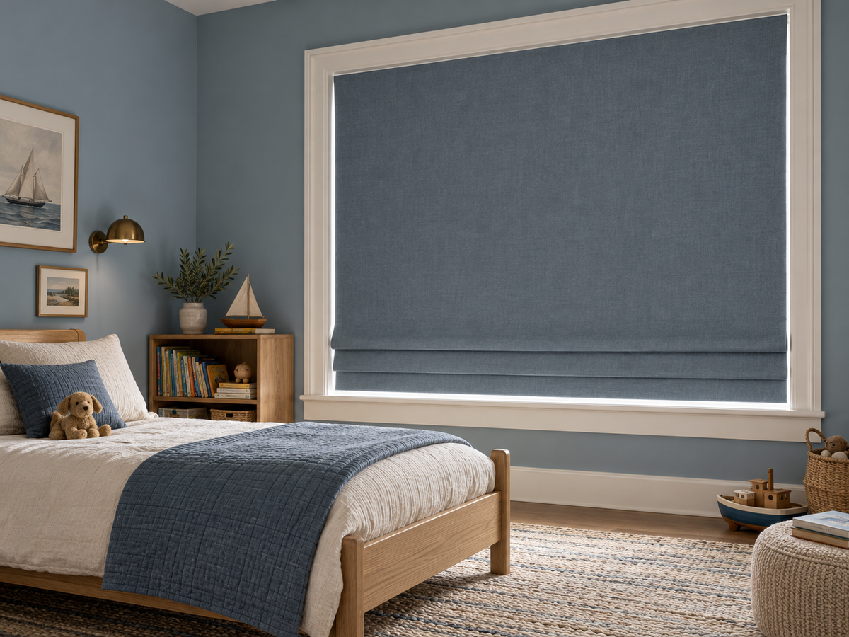 Children’s bedroom inspiration with a muted blue opaque Flat Fold Roman shade