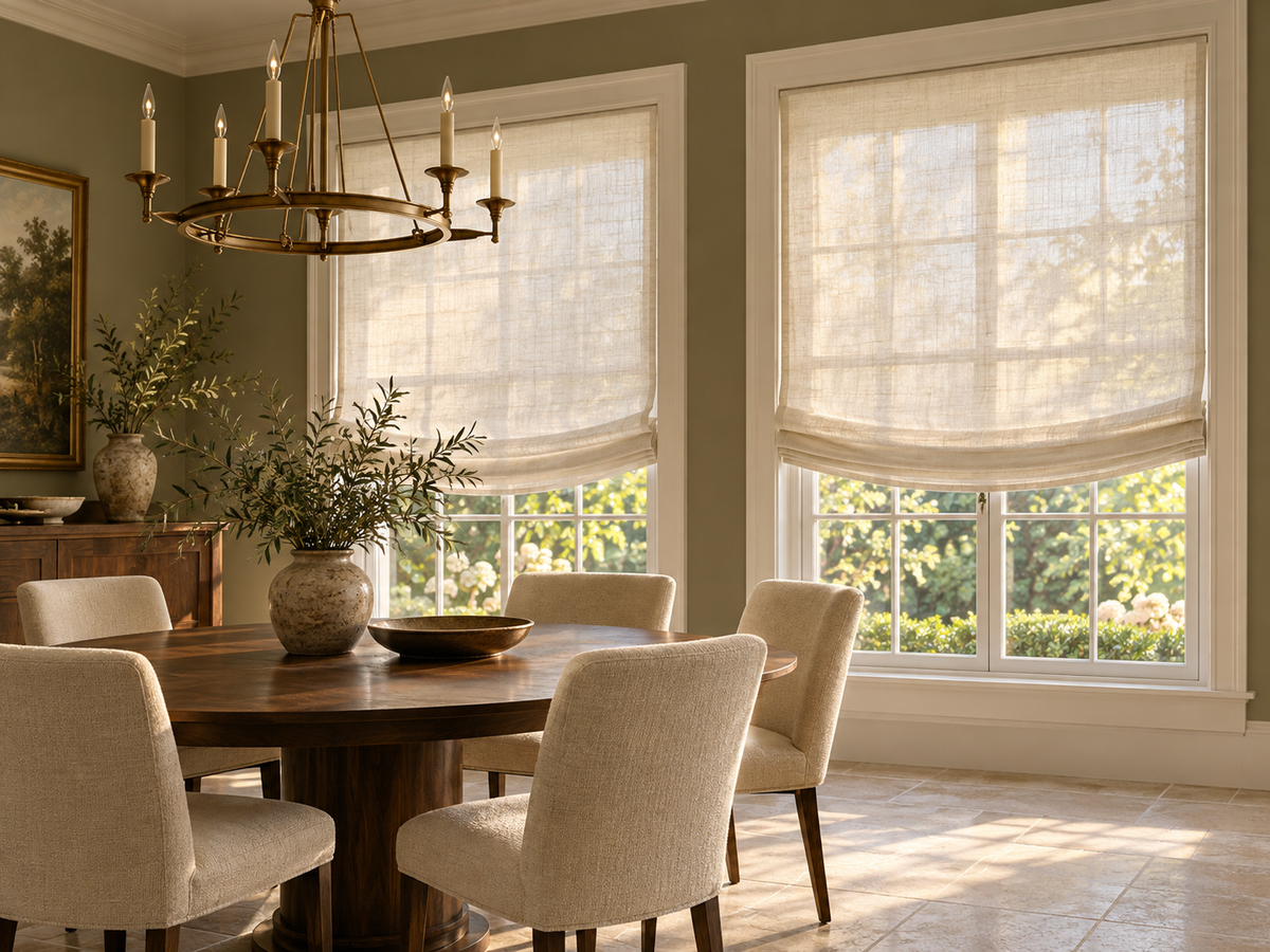 Dining room inspiration with ivory Relaxed Roman shades and a walnut dining table