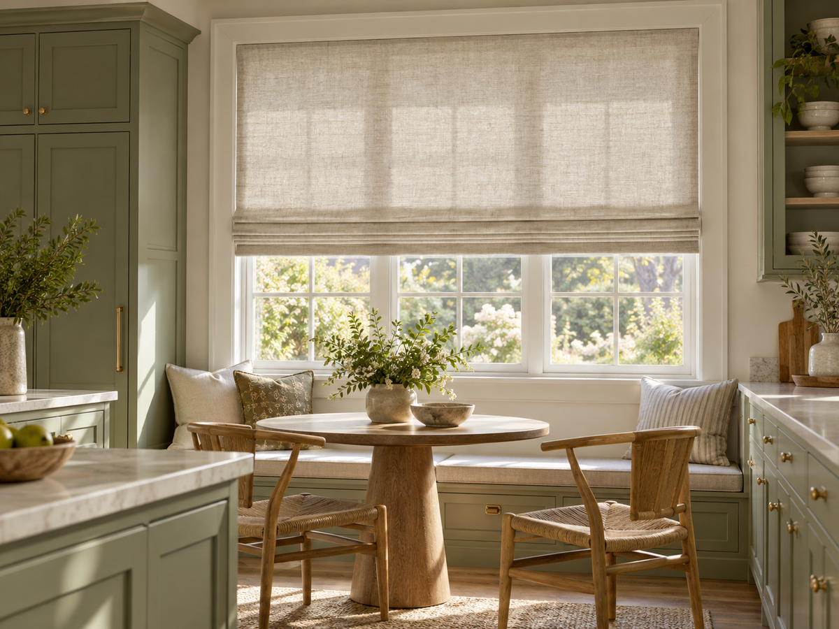 Kitchen breakfast nook inspiration with an oatmeal Flat Fold Roman shade and sage cabinetry