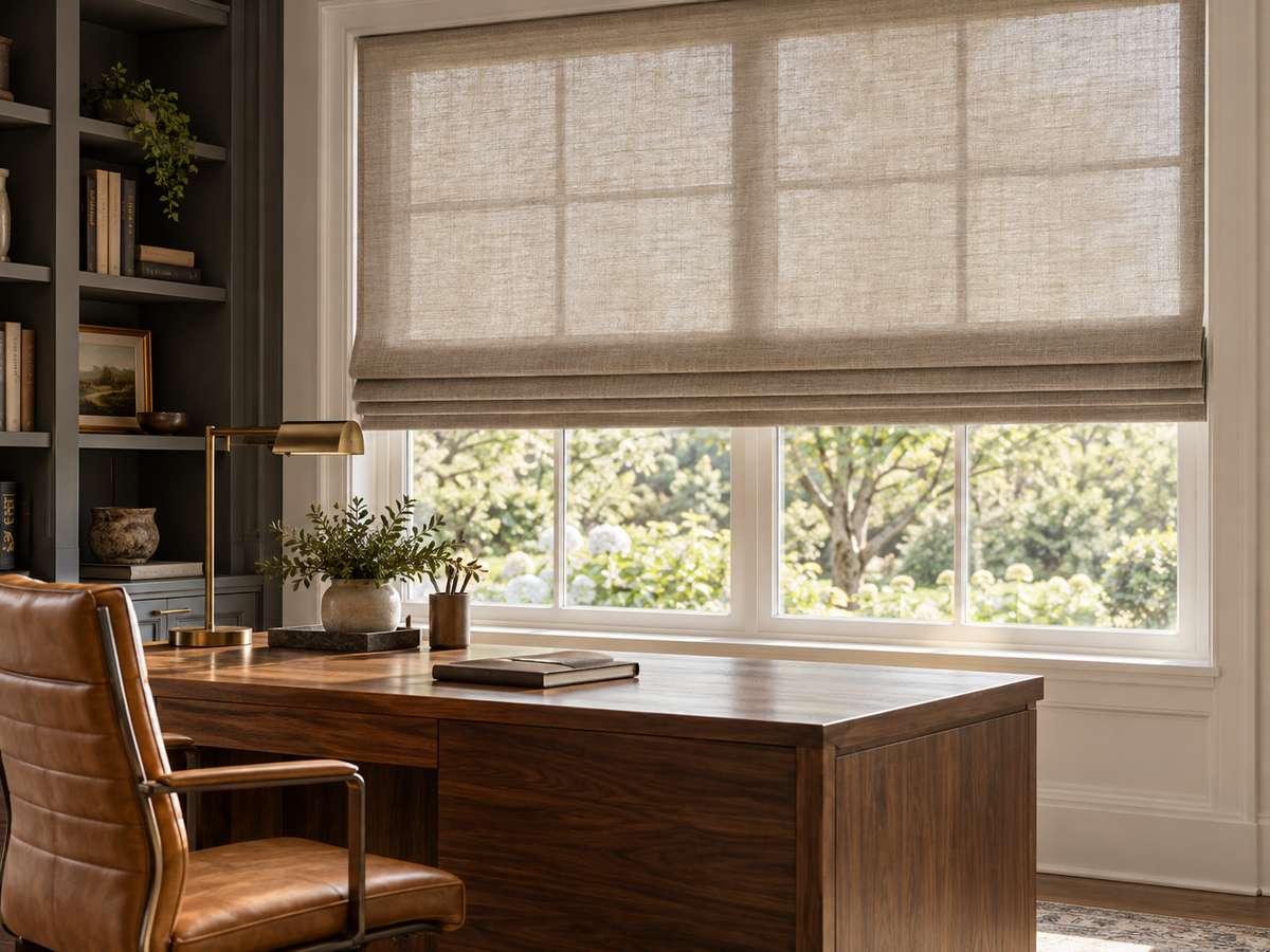 Home office inspiration with a taupe Flat Fold Roman shade and walnut desk