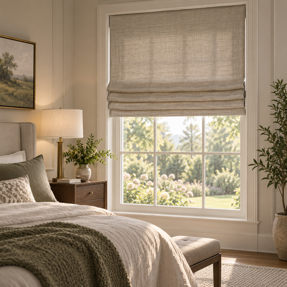 A Roman shade framing a bedroom window in soft natural light